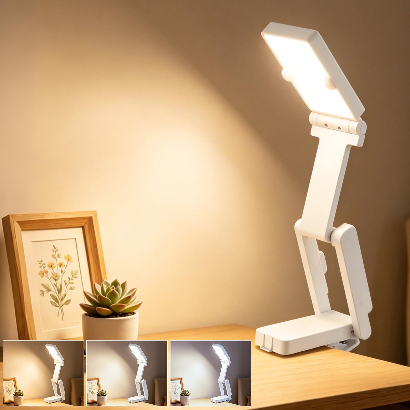 HCFEI LED Tischlampe Kabellos Akku Lampe,Faltbare Touch-Schreibtischlampe,Dimmbare Tischleuchte mit 3 Lichtmodi,Aufladbare USB-Schreibtischleuchte für Schlafzimmer, Lesen,Lernen (Weiß)