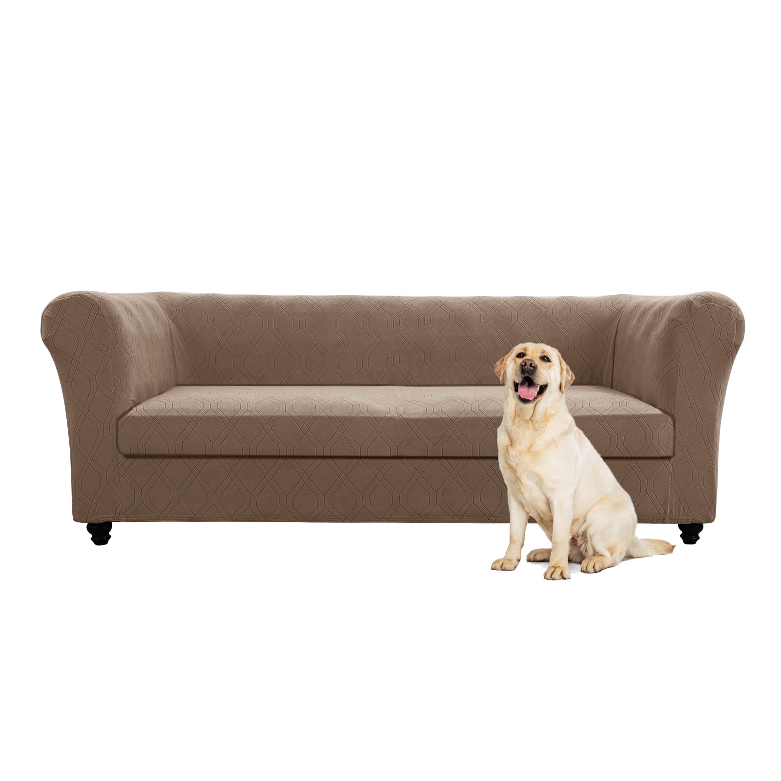 SYLC Stretch Jacquard Chesterfield Sofa Cover with Individual Couch Seat Cushion Covers, Non-Slip Curved Settee Covers Mid Century Vintage Style (Camel,Sofa+1pc Large 3-Sit)