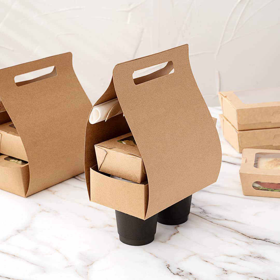Restaurantware Bio Tek - Fiambreras de papel con asas, 100 recipientes desechables de papel kraft para alimentos, 21 x 10 x 20 cm, portavasos para utensilios de cocina, portadores de bebidas para
