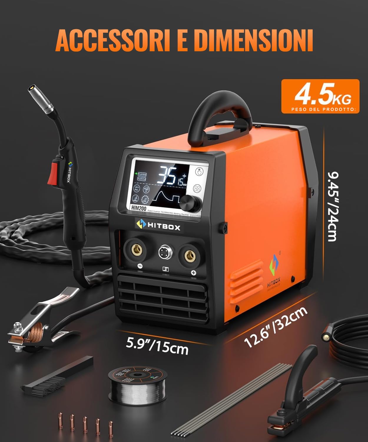 HITBOX Saldatrice a Filo 200A 4-in-1 Portatile - 230V MIG Senza Gas, ARC, LIFT TIG, Spool Gun, LED Display Digitale, Ideale per Principianti e Hobby(HIM200)