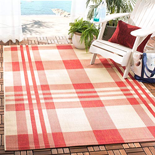 SAFAVIEH Washable Rug Outdoor Courtyard Collection - 5'3" Square, Red & Bone, Plaid Pattern, Non-Shedding & Easy Cleaning, Ideal for Patio, Backyard, Mudroom (CY6201-238)