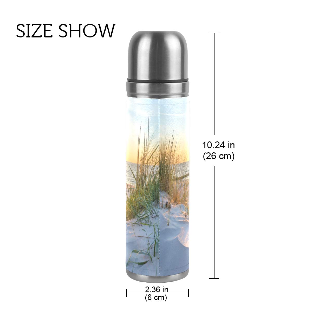 Taza de viaje aislada al vacío de acero inoxidable con doble pared a prueba de fugas, botella de atardecer costa playa personalizada impresa en cuero genuino termo termo envuelta 500 ml