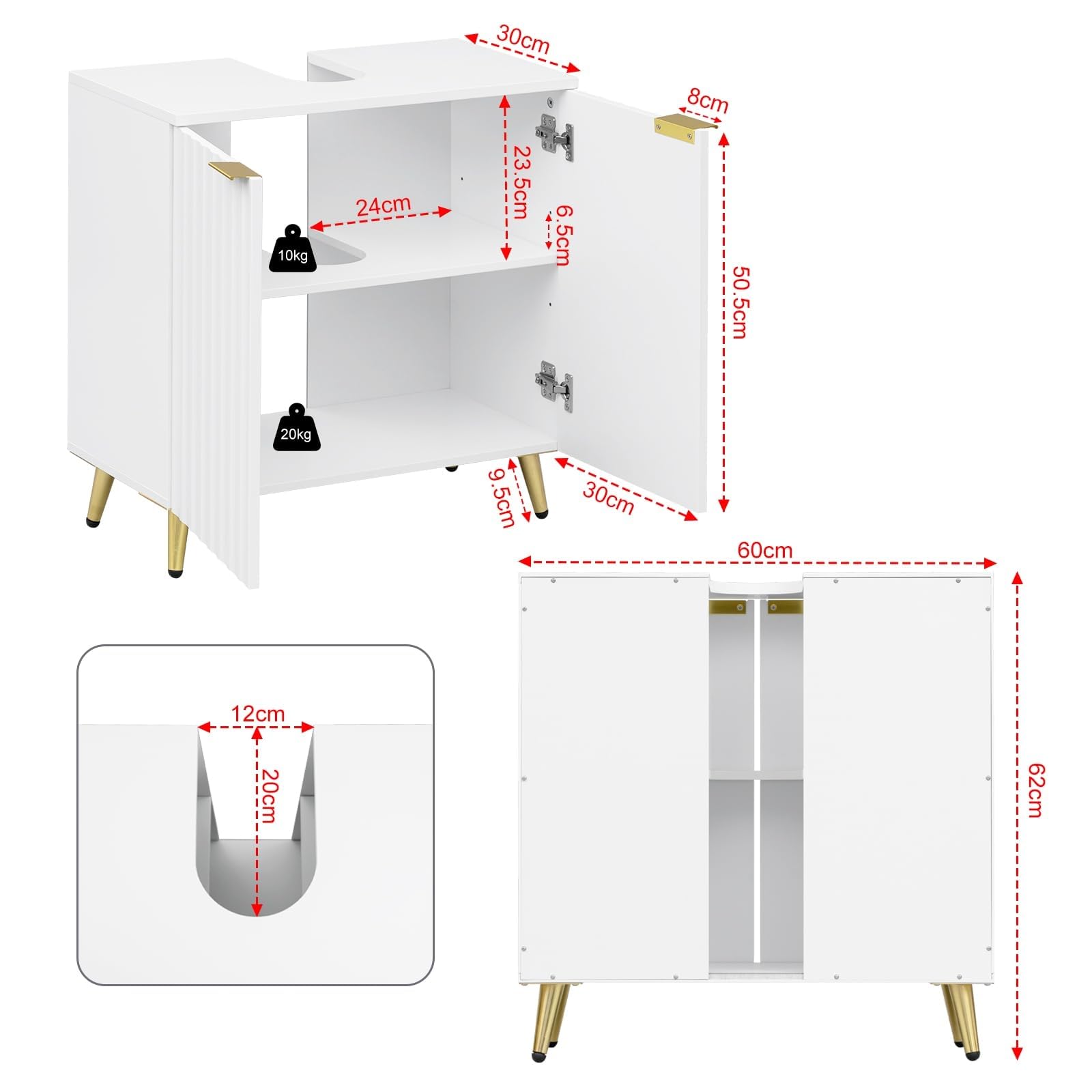 eSituro Mueble Bajo Lavabo, Armario de Baño con Recorte Sifón, Mueble Auxiliar Baño con Puertas Onduladas y Asas Doradas, Patas de Metal, 60x30x62