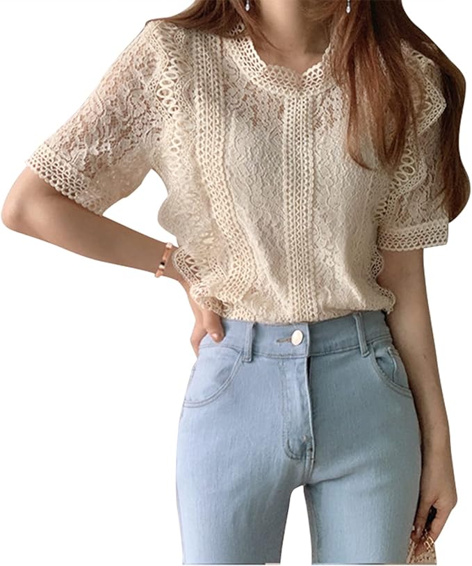 Amazon レースブラウス ハイネック レディース 半袖 かわいい 総レース トップス 高級ブラウス 花柄 エレガント カジュアル オフィス 通勤 デート服 インナー お洒落 着痩せ 透け感 刺繍 大人 きれいめ 通気 春 夏 ベージュ Free シャツ ブラウス 通販