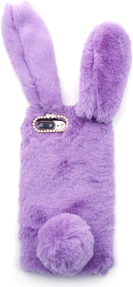 iProtect Plush Cover for Apple iPhone 7 Plus and iPhone 8 Plus - Fluffy Bunny Case - Super Soft Cute Winter Case with Ears in Purple
