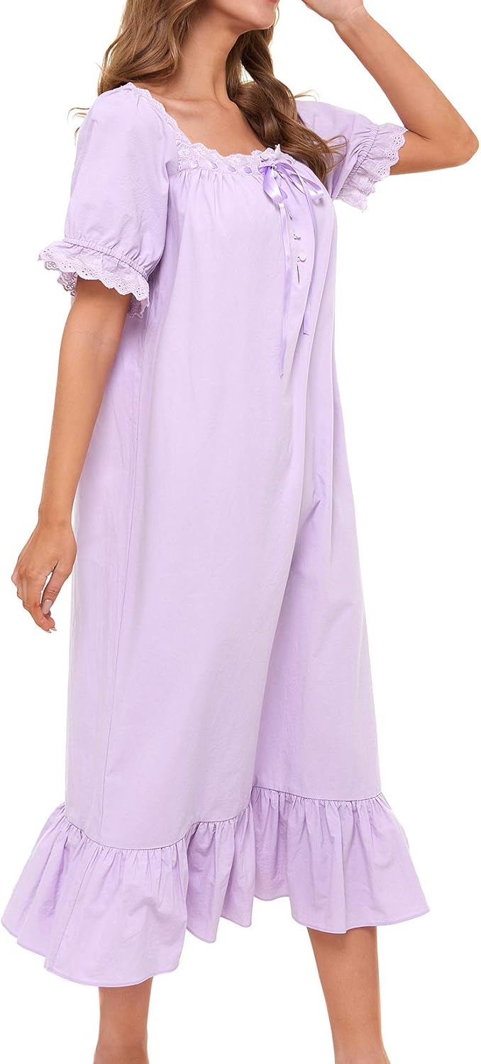 Lu's Chic Women's Victorian Nightgown Cotton Sleepwear Long Loungewear Short Sleeve Vintage - Image 8