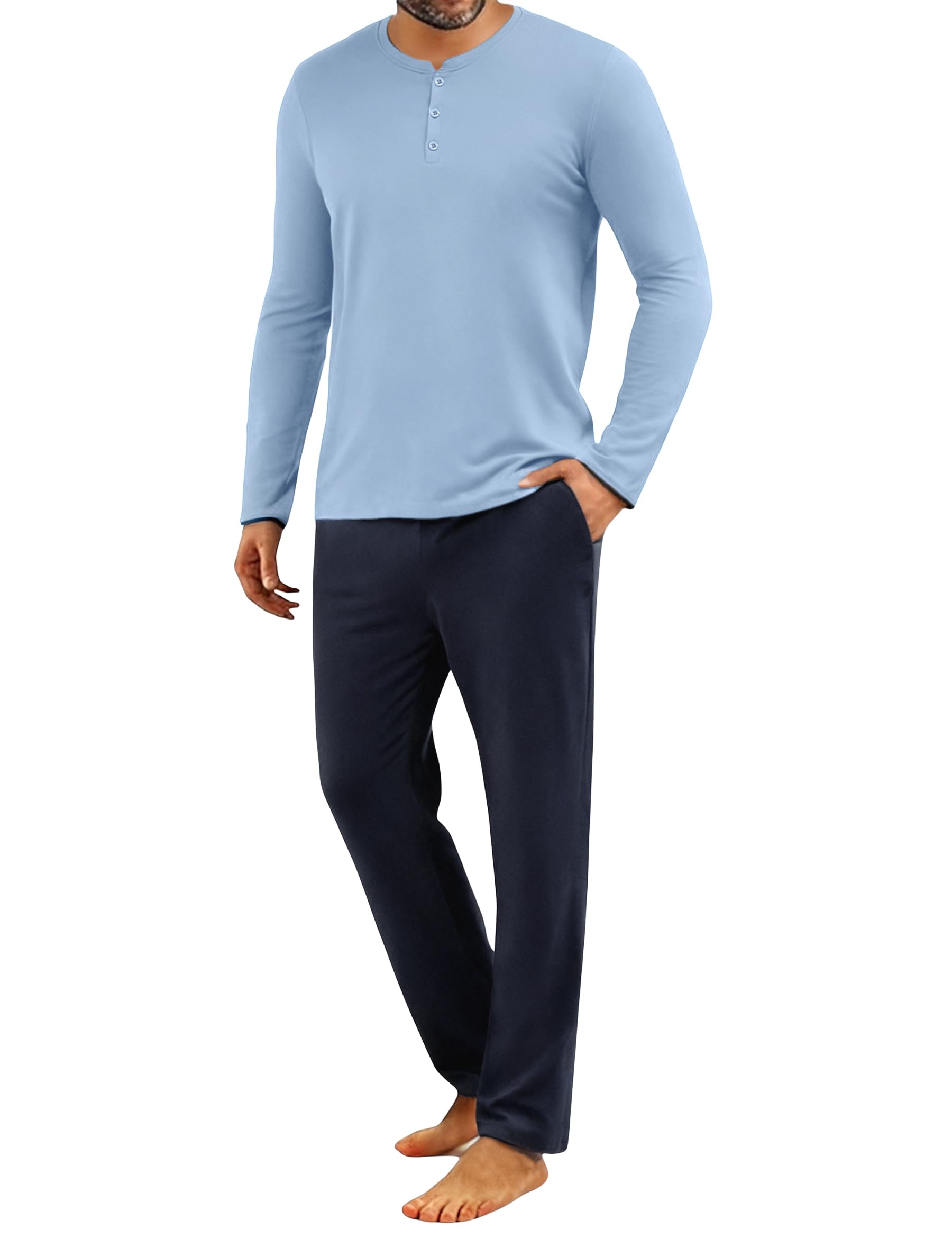 Uniexcosm Schlafanzug Herren Lang Zweiteiler Herbst Winter Pyjama Set Baumwolle Rundhals Oberteil mit Knöpfen und Pyjamahose Schlafanzüge für Männer