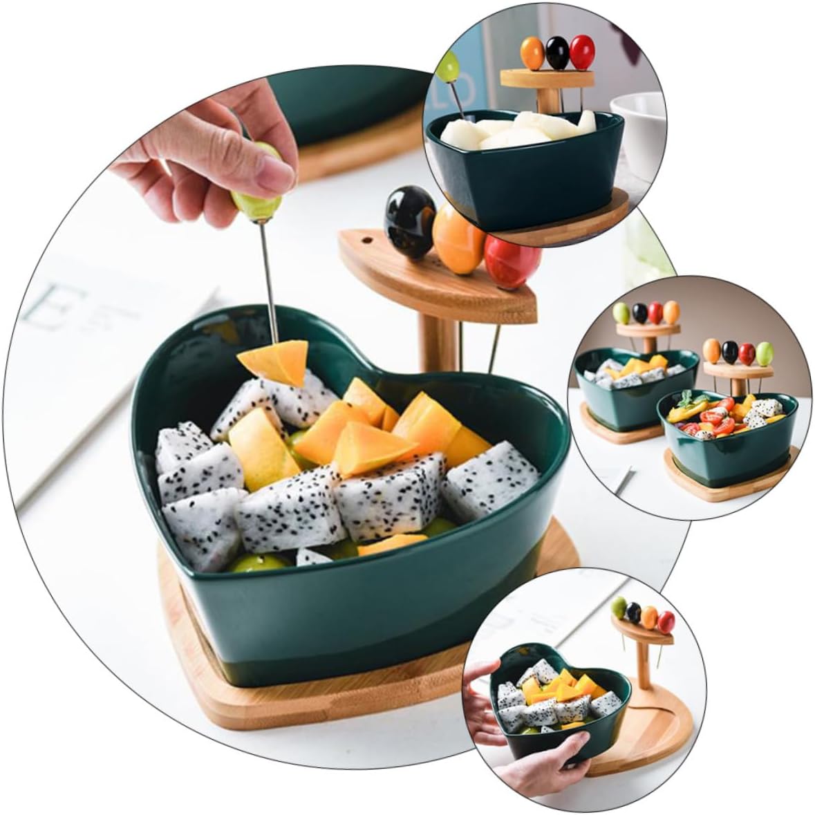 Ceramic Heart Shaped Salad Bowl with Forks, Green Porcelain Fruit and Dessert Serving Bowl for Snacks and Salads in Living Room
