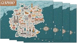 Map of Germany Placemat Non-Slip Cotton Linen Washable Place Mats Travel Line of German Landmarks Adventure Life for Dining Table Kitchen Heat Resistant Table Mats, Set of 4