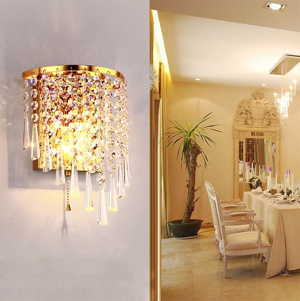 LITFAD Clear Cone Crystal Wall Mount Light Fixture Modern K9 Crystal Mirror Stainless Steel Wall Lights Wall Lamps Sconce Night Light in Gold for Hallway Bedside Living Room H11" x L7" x W5"