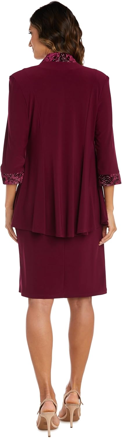R&M Richards Women's Elegant Knee Length Shift Jacket Dress W/Velvet Trim & Detachable Necklace - Image 3