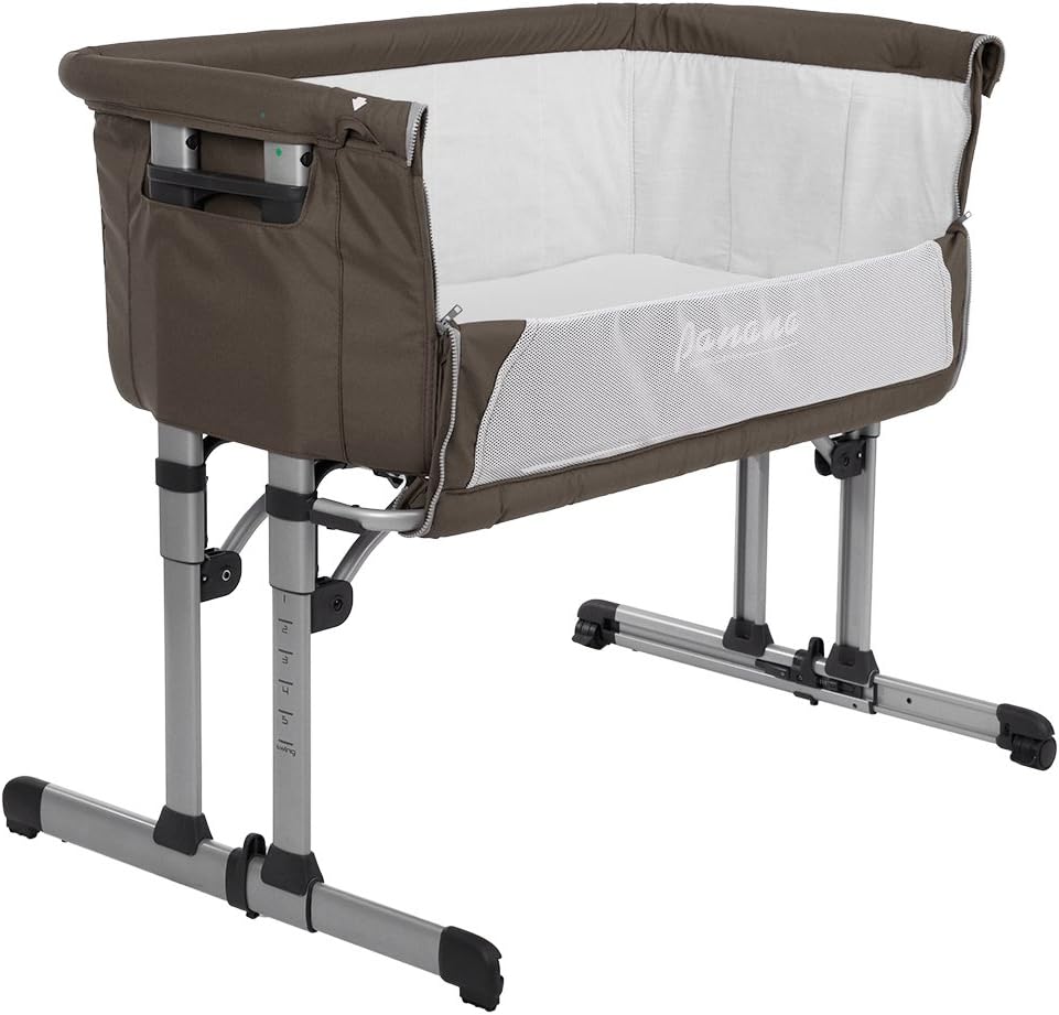 MissSnower Next to me Side Sleeping Crib with Mosquito Net and Carry Bag, Fixed and Swing 2 in 1 Baby Bed, Brown