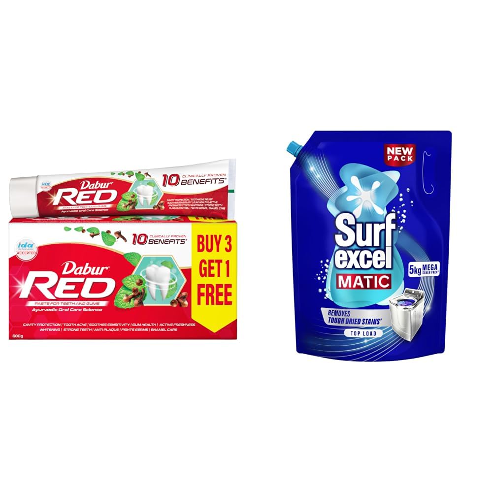 Dabur Red 600g (150g x 4, Pack of 4) Toothpaste - India's No.1 Ayurvedic Paste, Provides Protection Plaque Removal, Toothache, Yellow Teeth, Bad Breath & Surf Excel Matic Top Load Liquid Detergent 5Kg-image-36