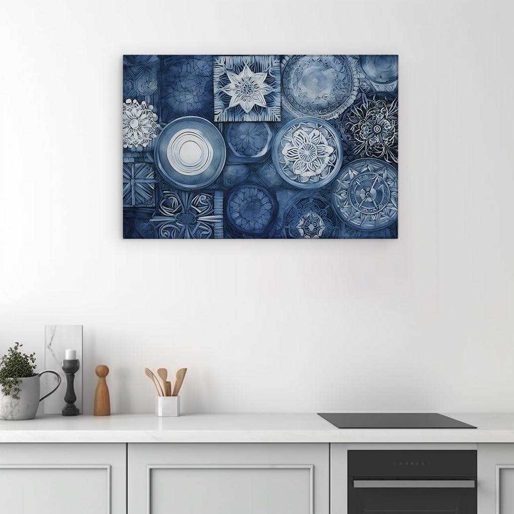 Canvas for Living room. Harmonious Fusion of Geometric Grace: Exploring the Abstract Artistry of Blue and White Patterns, 27 x 18 inch Canvas Wall Art - Contemporary Masterpieces - Modern Home Decor