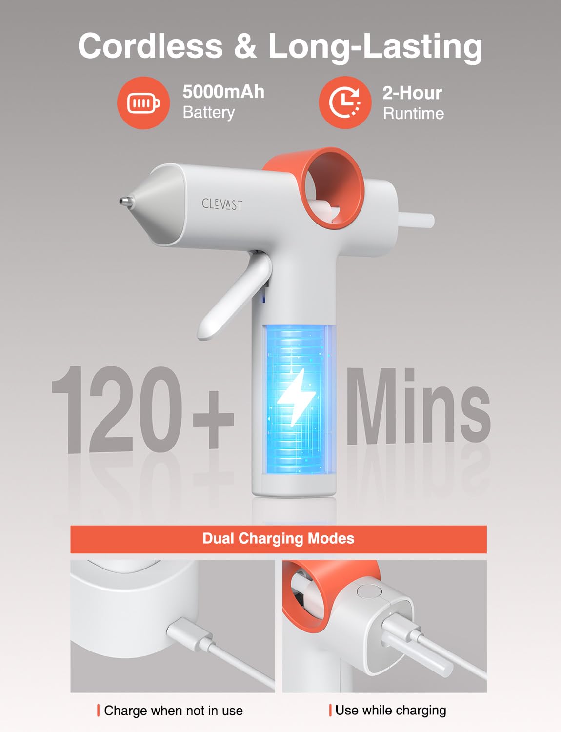 CLEVAST Pistolet À Colle Sans Fil, Mini Rechargeable 5000 Mah Avec 30 Bâtons, Chauffe 40 S, Anti-Goutte, Arrêt Auto, Kit Portable Pour Arts, Artisanat, DIY Et Réparations Domestiques
