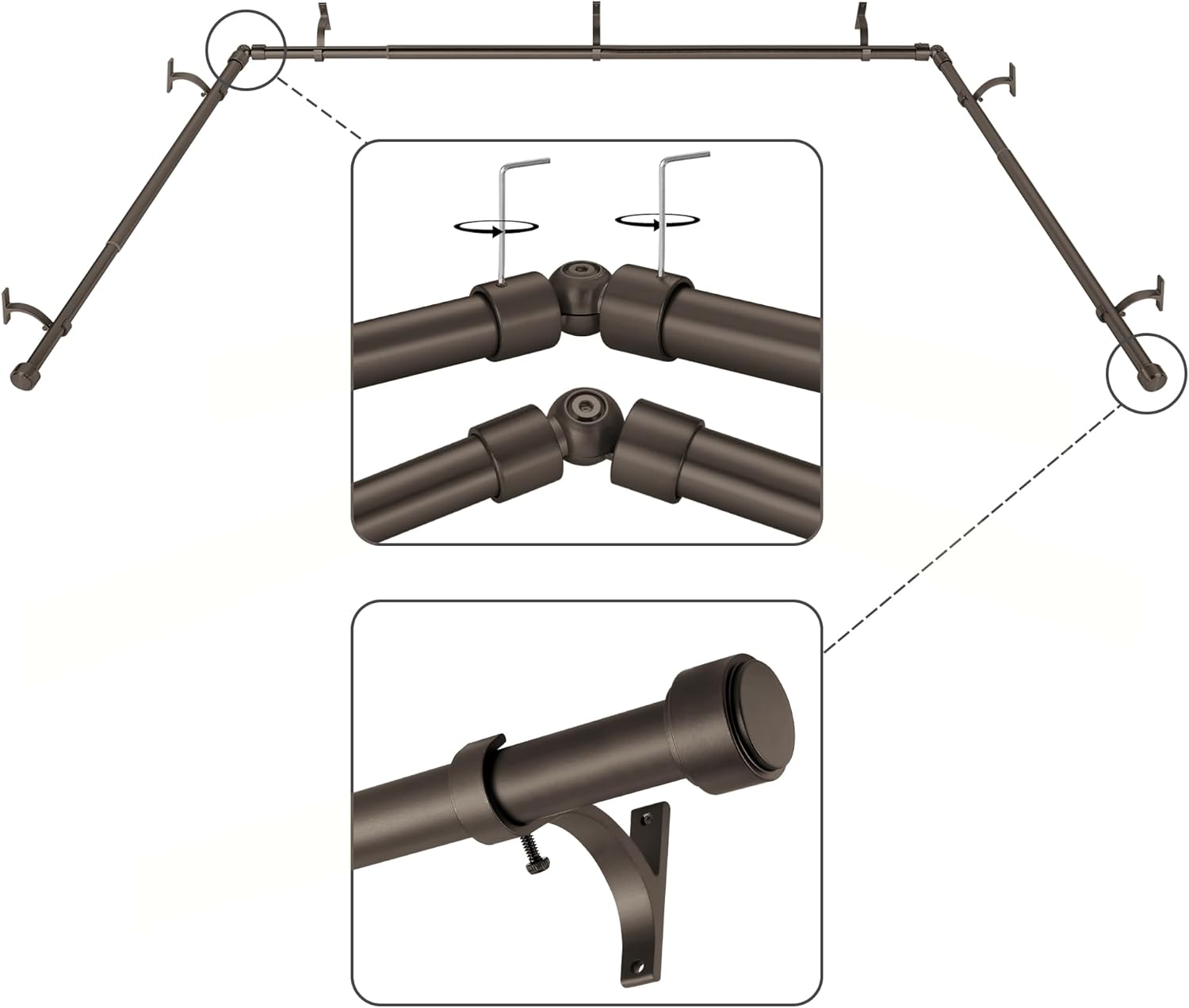 Dark Bronze Bay Window Curtain Rods with Aluminum End Cap Finials and Brackets,Adjustable 36-72 Inch Center Rod for windows (24-68’’), 20-36 Inch Side Rods for windows (16-33’’) 20-36"&36-72"&20-36"(3 Sided) Dark Bronze