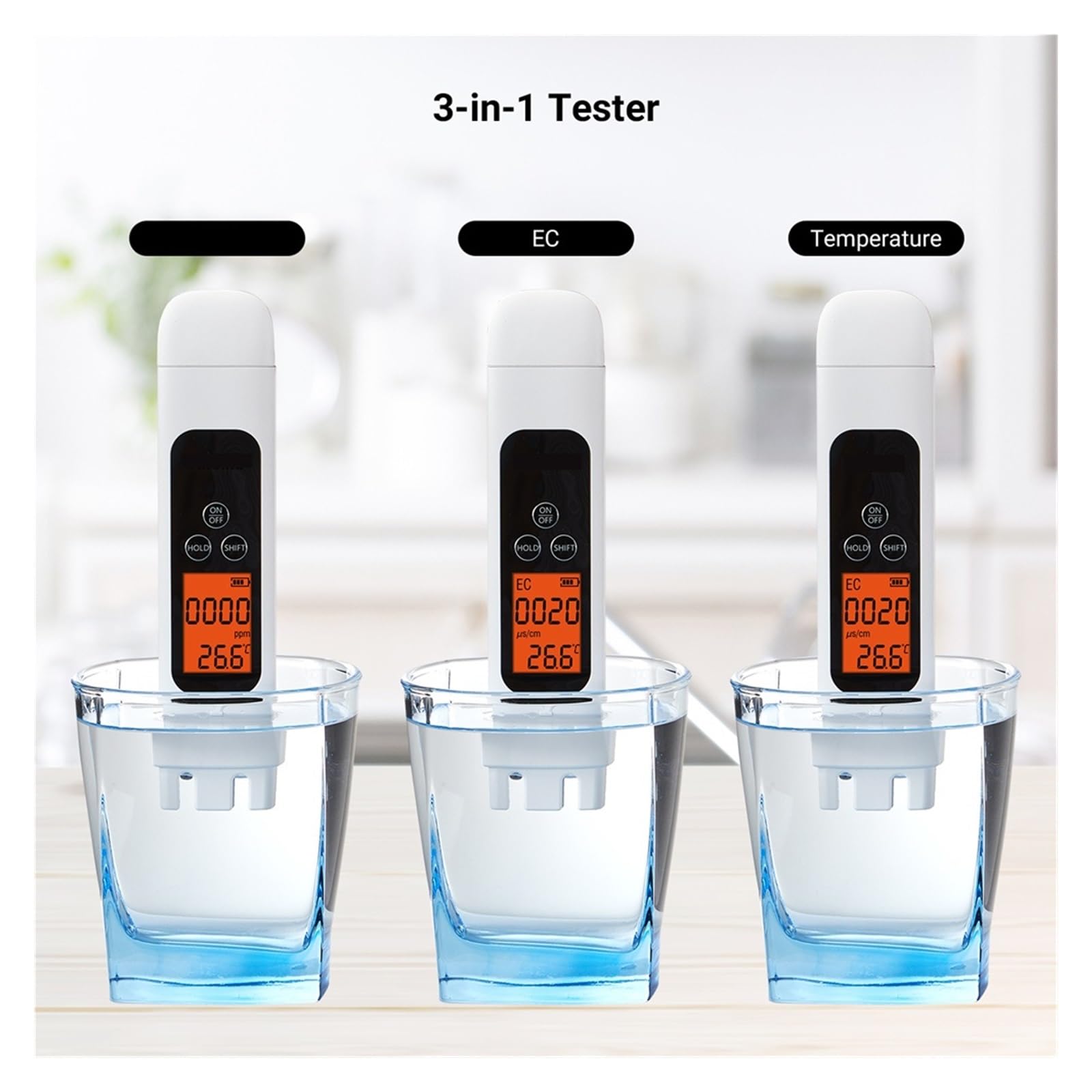 Probador De Calidad Agua Digital 3 En 1, Rango Medidor, Temperatura Pureza Multifuncional MedicióN Precisa