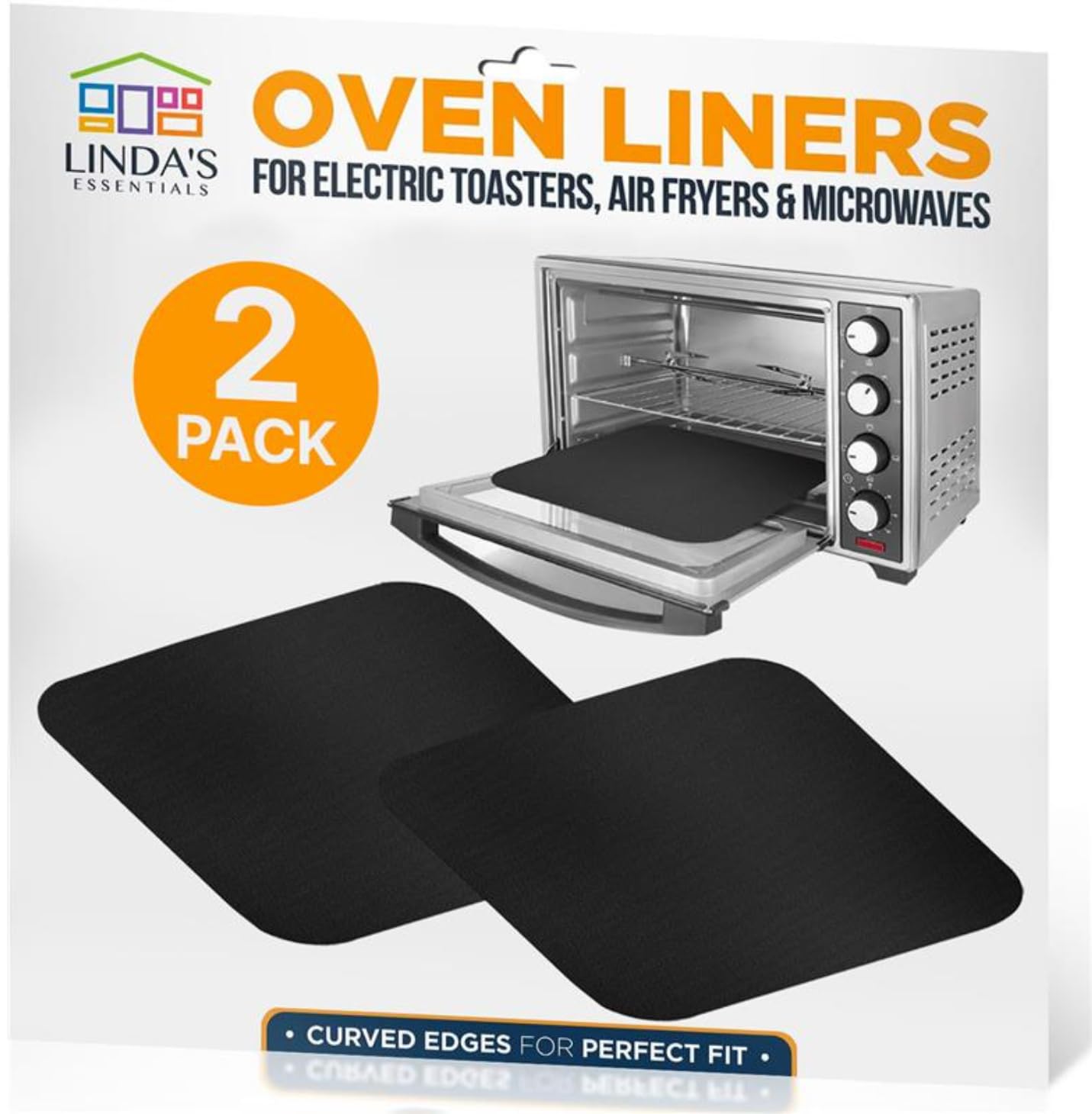 Toaster Oven Liners for Bottom of Oven (2 Pack) Reusable Non-Stick Heat Resistant Toaster Liners, Compatible with Ninja, Cuisinart, Emeril Lagasse &amp; More, Toaster Mat, 12"x12" (Black)