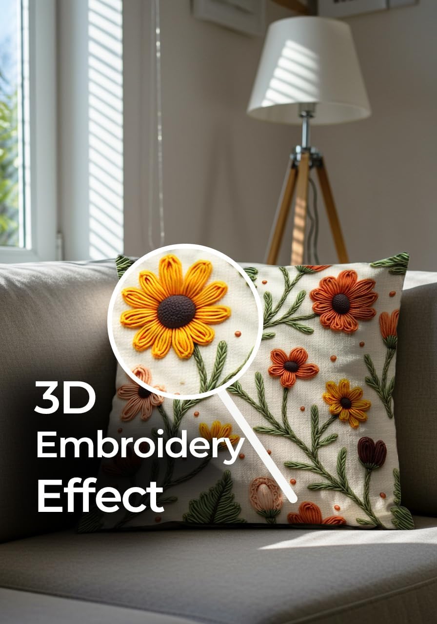 Artvibe Decorative Throw Pillow Covers 17x17 inch, Autumn Floral Punch Embroidered Pattern, Digital Printed, Set of 4, Orange Yellow