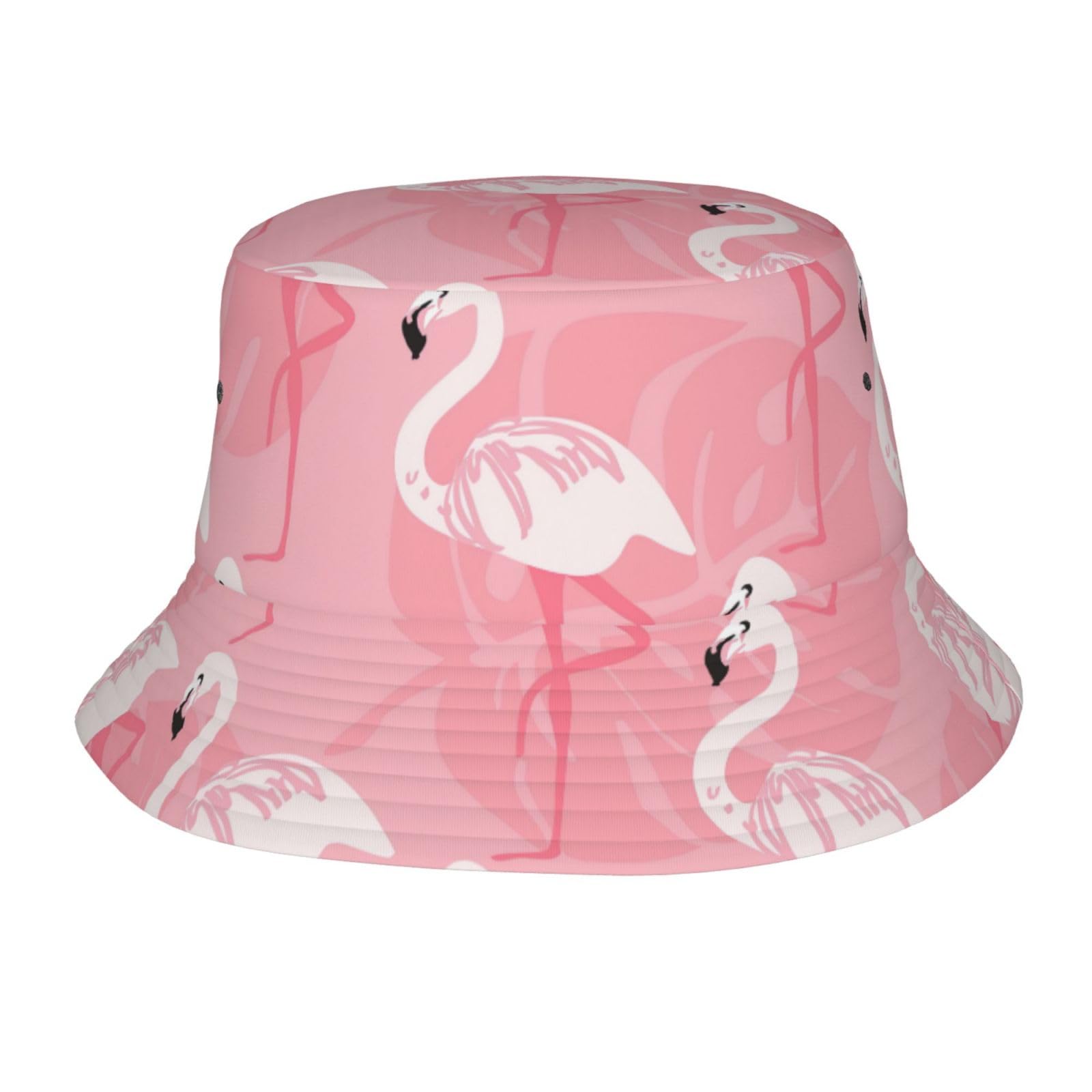 Summer Flamingo Palm Leaves Bucket Hat Cute Beach Wide Brim Sun Hat Fishing Hiking Beach Garden for Men & Women Black