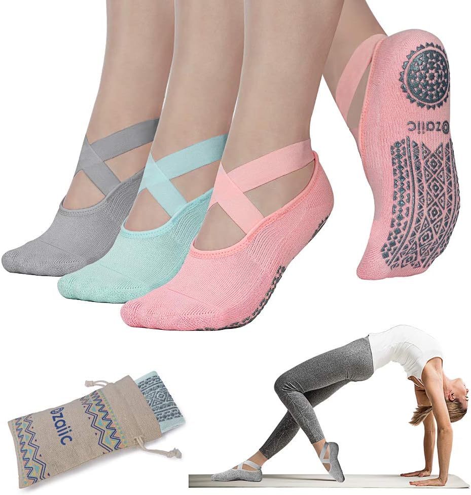 Yoga Socks for Women Non-Slip Grips & Straps, Ideal for Pilates, Pure Barre, Ballet, Dance, Barefoot Workout
