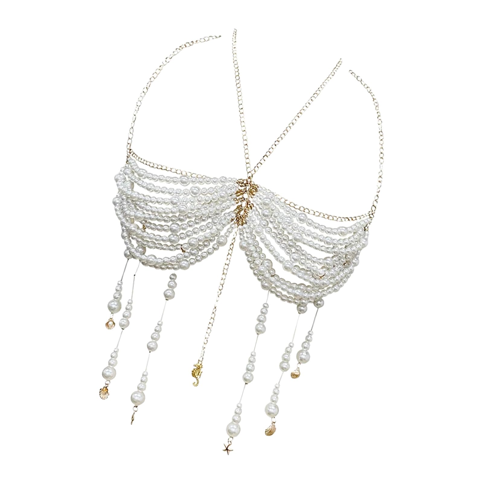 Fazvncv Elegant Pearls Beaded Tassels Halterneck Crop Tanks Top for Women Body Jewelry Bra Chest Chain for Parties and Festival