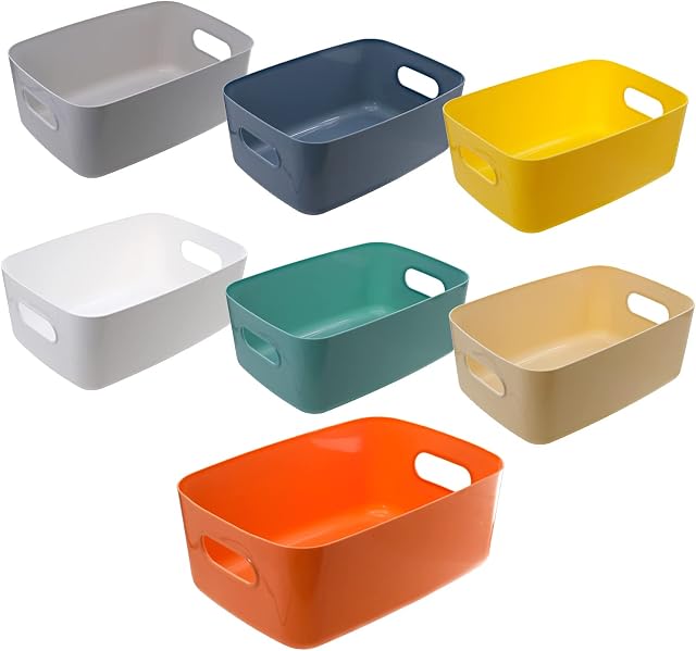 DBOO 7 Pack Plastic Storage Basket - Colourful Medium Baskets Office Home & Kitchen cupboards Tidy Organiser