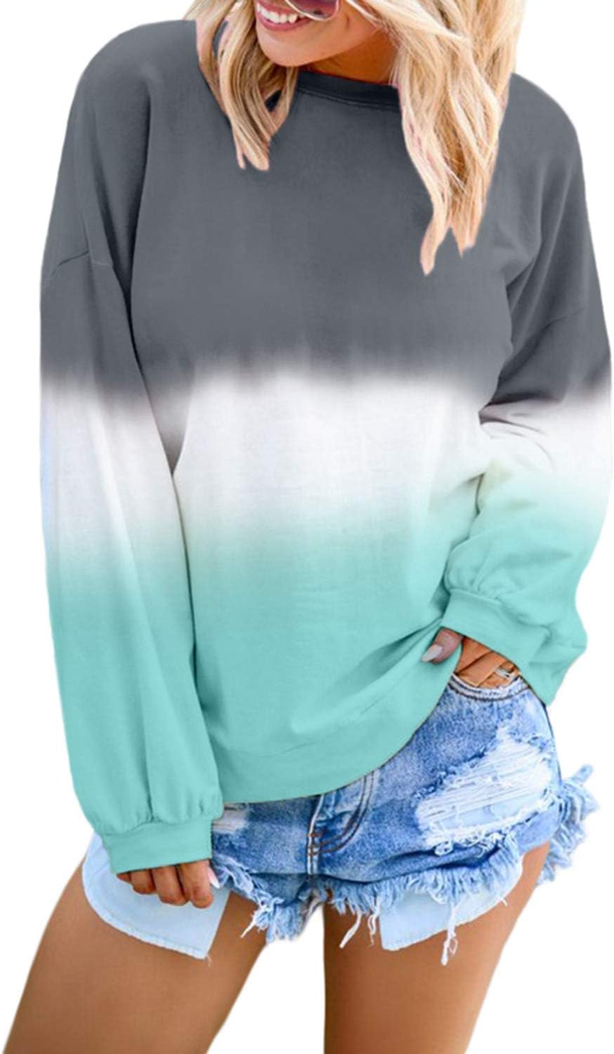 Women Long Sleeve Sweatshirt Colorblock Tie Dye Printed Pullover Tops(S-2XL)