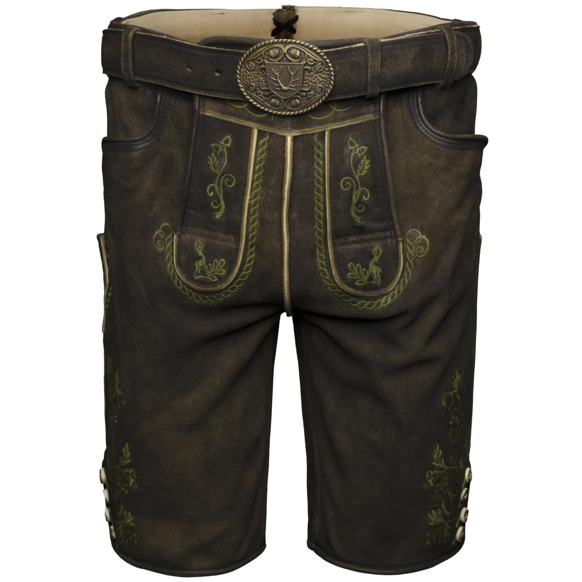 Krüger Lederhose Milian Herren | kurz mit Gürtel Hose aus Ziegenvelours-Leder | Dunkelbraun grün