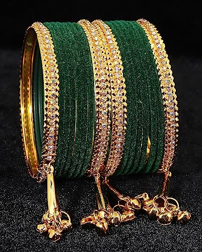 Image of NMII Metal with Zircon Gemstone and Velvet Studded Bells Latkan Bangles Set For Girls and Women I Latkan Bangles, Premium Bangle Bracelet Set I Pack of 16 Bangles