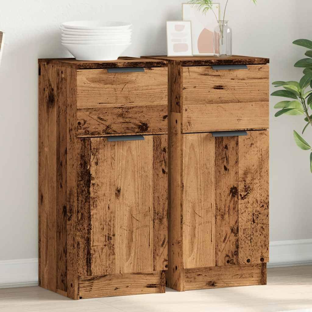 Buffet Haut Industriel Vieux Bois 70x31x115 Cm – Rangement 2 Portes + Tiroir – Style Vintage Moderne