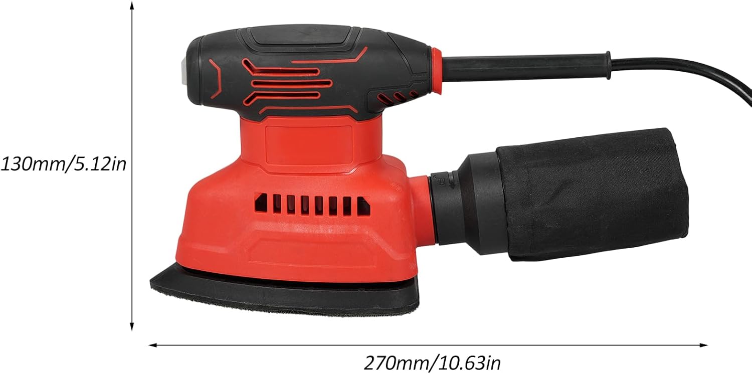 Irfora Detail Sander 130W 1.1A Powerful Motor 12000RPM Electric Sander with 15PCS Sandpapers Dust Bag Sponge Disc Wool Disc Cotton Disc Scouring Pad Soft G Handle Compact Hand Sanders for Woodworking