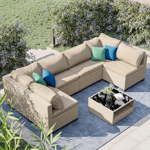 Aug-guan Patio Furniture Set 7-Piece, All-Weather Outdoor Conversation Set Sectional Sofa with Water Resistant Grey Thick Cushions and Coffee Table(Khaki)