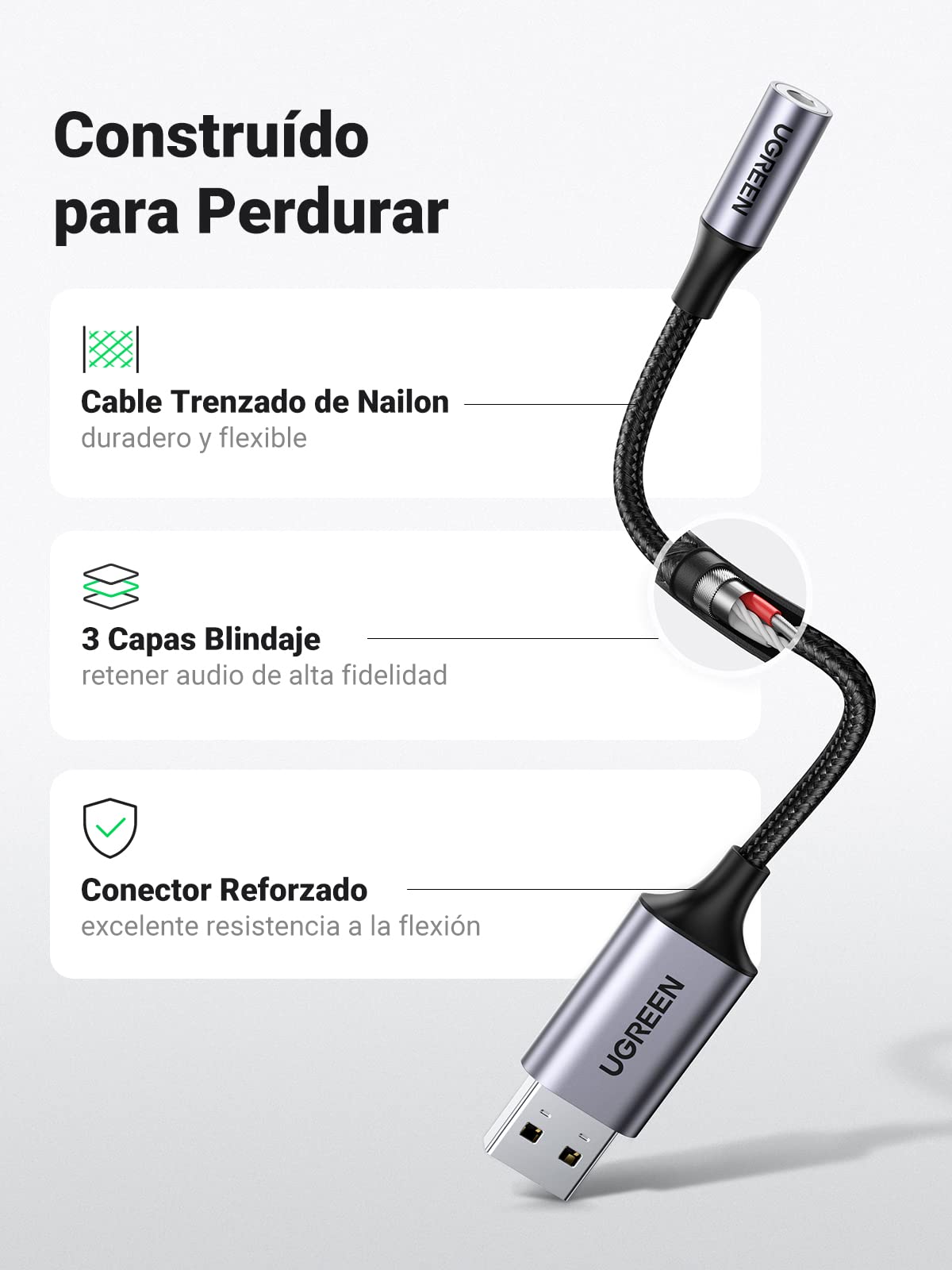UGREEN Adaptador de Audio USB a Jack 3,5 mm Tarjeta de Sonido Externa Soporta 24bit 96KHz para Auriculares y Micrófono Compatible con PC Macbook Switch PS4/5 25CM