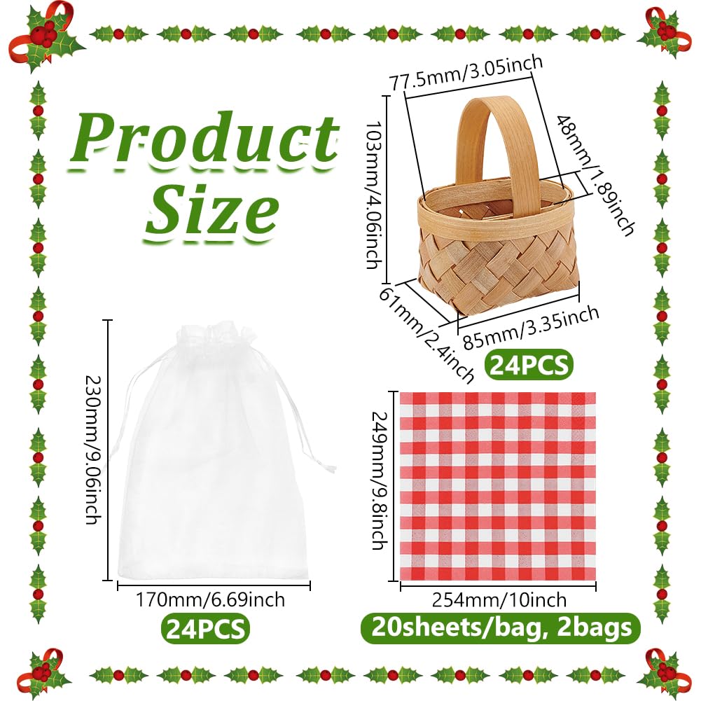 INTERWARM 24 Set Mini Picknickkörbe Aus Gewebtem Stoff Mini Blumen Und Obstkörbchen Mit 40 Stück Seidenpapier Und 24 Organza Geschenktüten Kleine Chips Körbchen Für Und Ostern Partygeschenke