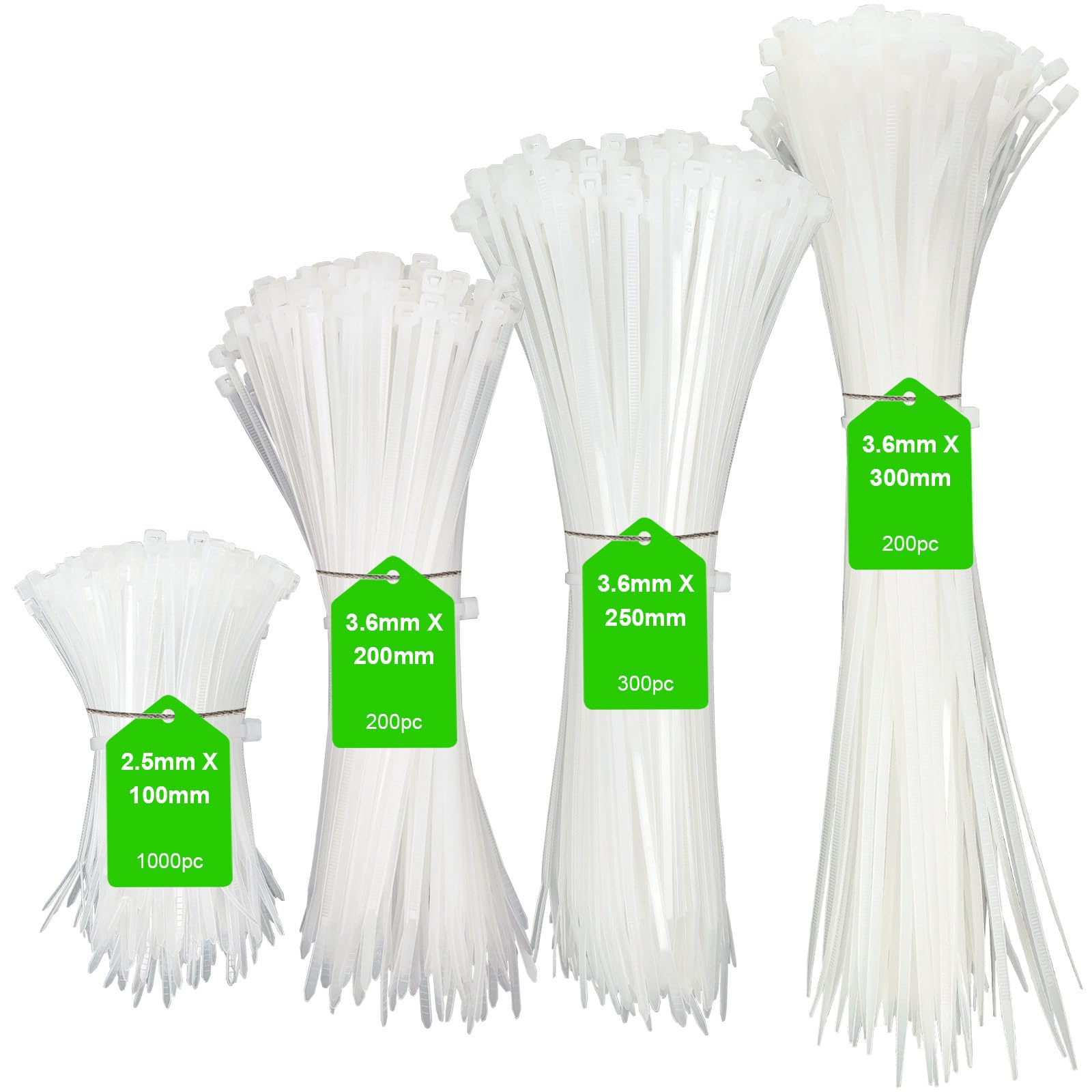 White Cable Ties, 2000 Pack Zip Ties Assorted Sizes (100+200+250+300mm), Self Locking Plastic Tie Wraps Heavy Duty for Garden Home Garage Cable Management