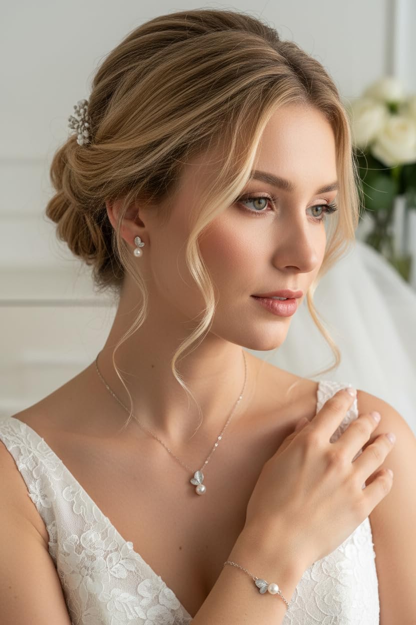 925 Silber Schmuckset Damen Perlen Blätter Halskette Ohrringe Armband Zirkonia Strass Brautschmuck Hochzeit Kommunion