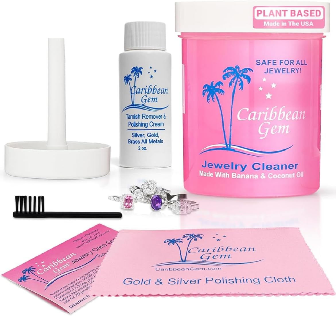 Caribbean Gem All Purpose Jewelry Cleaner Kit w/8oz Cleaning Solution & Polishing Cream, Basket & Brush - Jewelry Cleaner Kit for Gold, Silver,