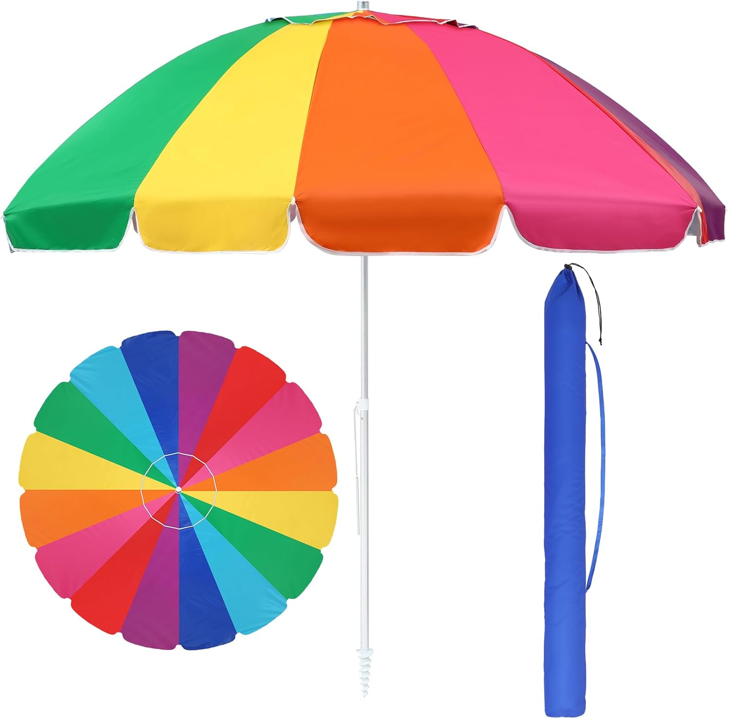 10FT Extra Large Beach Umbrella with Sand Anchor Rainbow Color Heavy Duty High Wind Beach Umbrella Height Adjustable, Outdoor Portable Beach Umbrella with Air Vent for Patio Garden Pool Backyard