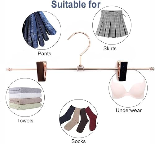 Miniatura 8 de Perchas de ropa para pantalones de oro rosa de 13.8 pulgadas, paquete de 10 perchas para faldas con clips de metal para pantalones de metal