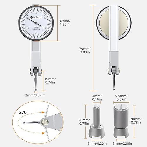 Miniatura 7 de Neoteck Indicador de prueba de dial con soporte de base magnética y estuche de almacenamiento, juego de indicadores de prueba de 0-0.03"0.0005" con