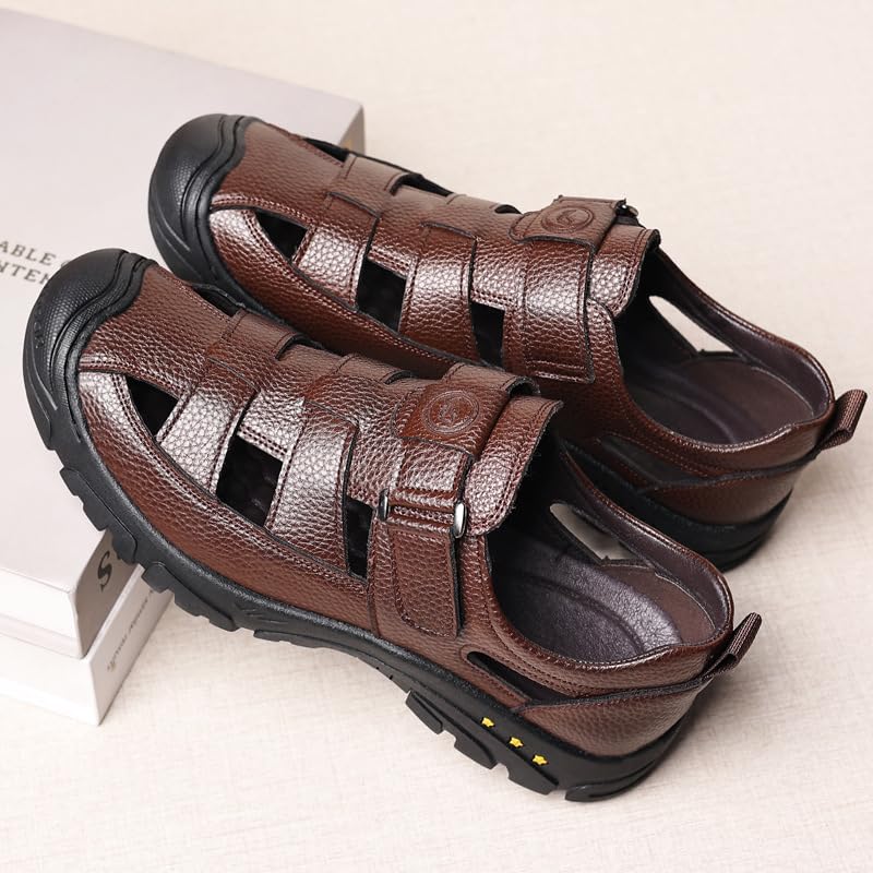 Men's Closed-Toe Leather Strap Business Sandal Genuine Leather Fisherman Sandals Anti-Slip Platform Summer Hollow Sandals for Casual Outdoor Travel2