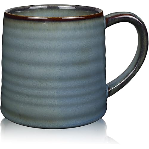 18 Oz Large Ceramic Coffee Mug, Big Handmade Pottery Tea Cup for Office and Home, Big Handle Easy to Hold, Microwave and Dishwasher Safe, Stylish Texture Glaze (Fog Blue)