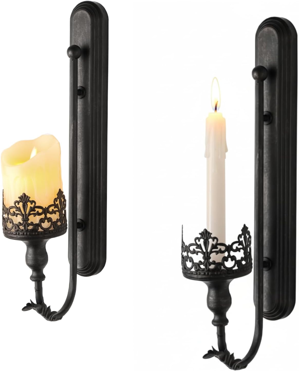 Metal Gothic Wall Candle Sconce (Set of 2) - Rustic Home Decor - Black Iron Candle Holders for Stick Candles - Ideal for Living Room, Bathroom, Dining Room
