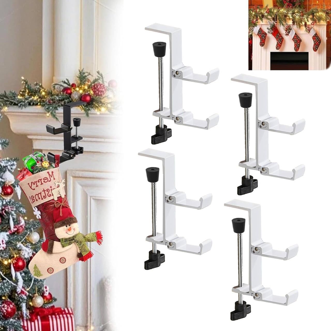 4Pcs Fireplace Stocking and Garland Hanger, 2 in 1 Mantel Hanger for Garland, Fireplace Stocking Holders for Mantle Garland Hooks for Xmas Holiday Home Party Decoration, Fits 0.31”-3.5”Mantles 4 4 White