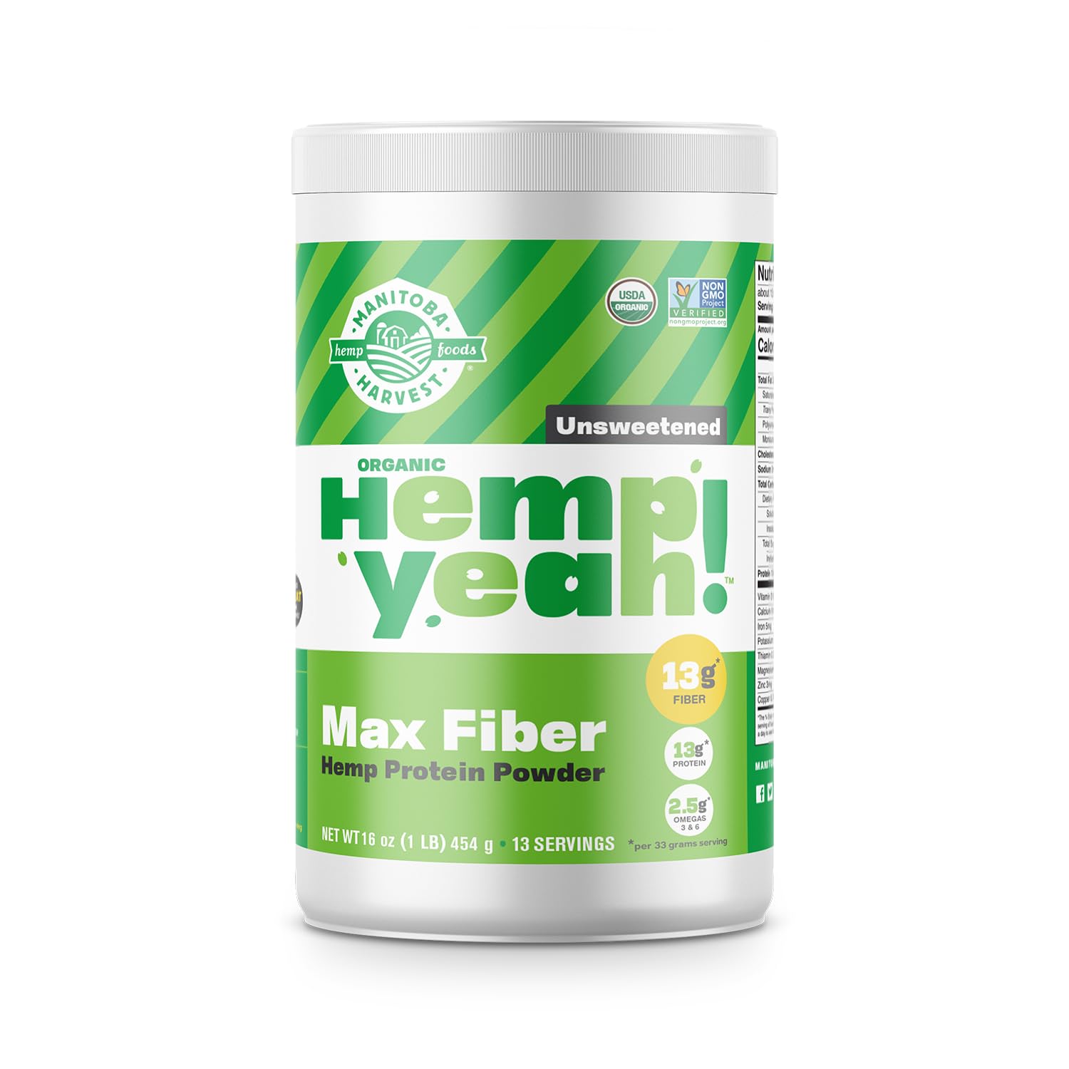 Manitoba Harvest Hemp Yeah Organic Max Fiber Protein Powder, Unsweetened, 16oz, with 13g of Fiber, 13g Protein and 2.5g Omegas 3&6 per Serving, Keto-Friendly, Preservative Free, Packaging May Vary