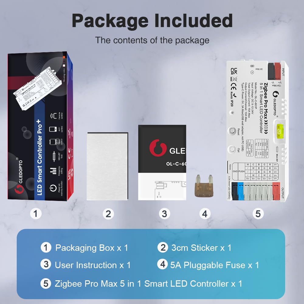 Controlador de tira LED inteligente GLEDOPTO ZigBee 3.0 5-en-1 - RGBCCT/RGBW/CCT/RGB/Variateu - Compatible con ecosistemas principales (Requiere puerta de enlace ZigBee)