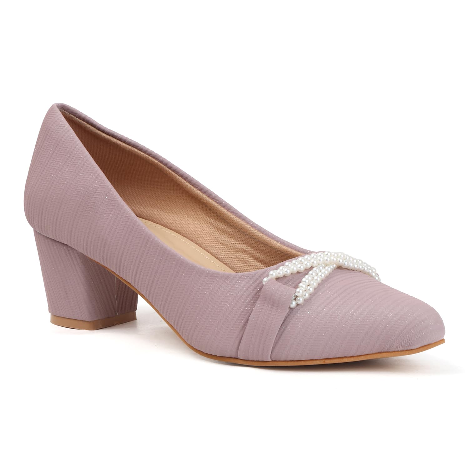 Stylish Lilac Block Heels for Women | Pearl Embellished Slip-On Pumps | Comfortable Party & Office Wear Mid Heels | Elegant Textured Women’s Footwear-image-48