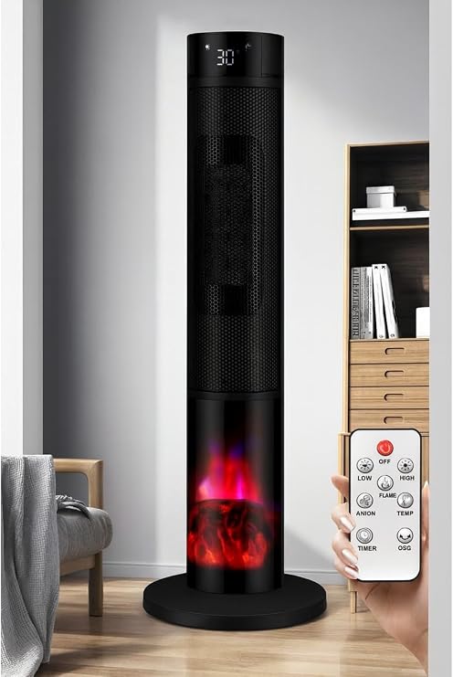 ROBO Şömineli Seramik Kule Tipi Dikey Isıtıcı, 2000W, Siyah, Kule, İç Mekan, Elektrikli, Seramik Isıtma, Uzaktan Kumandalı