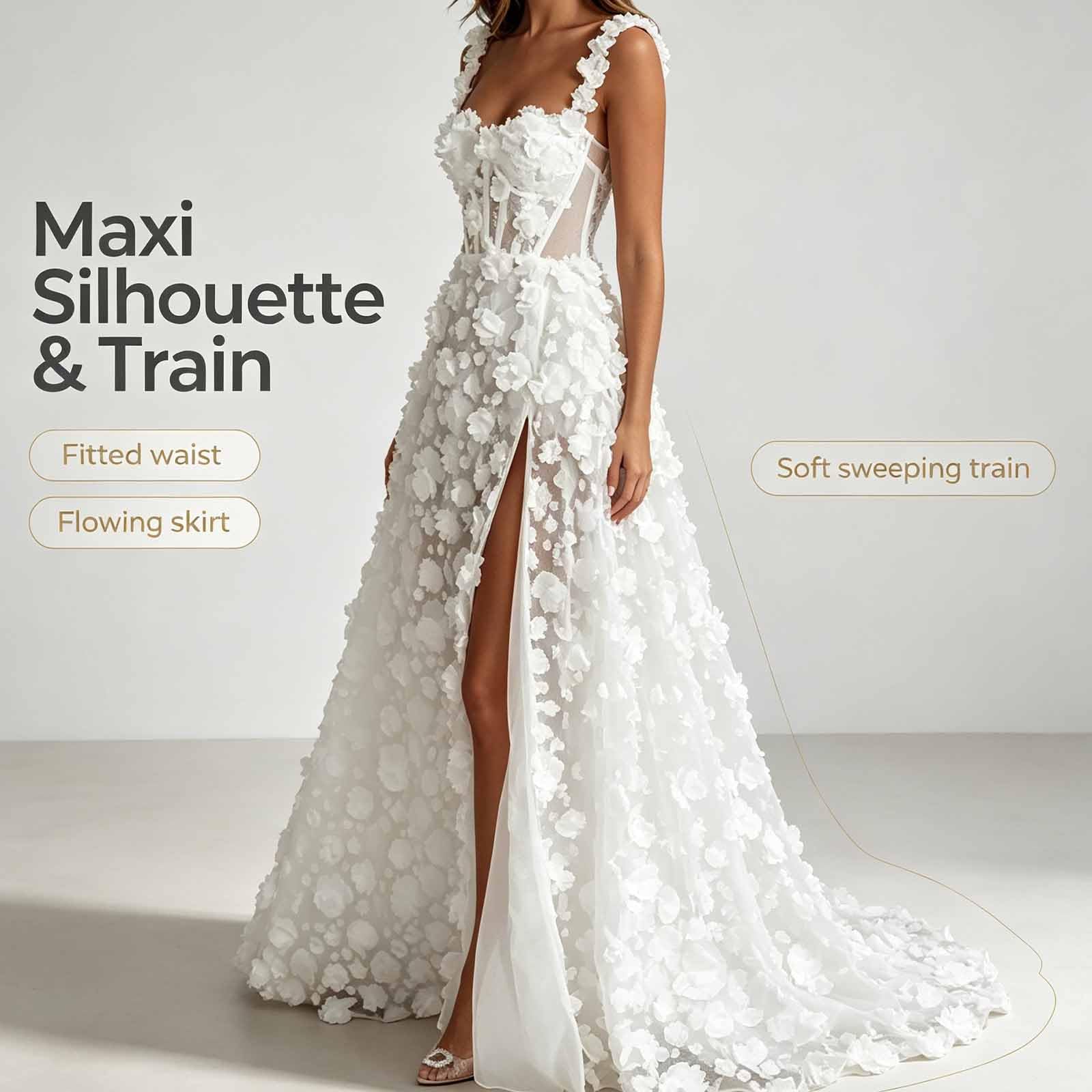 Vestito Sera 3D Fiori, Lungo A-Line con Spacco, Per Matrimonio